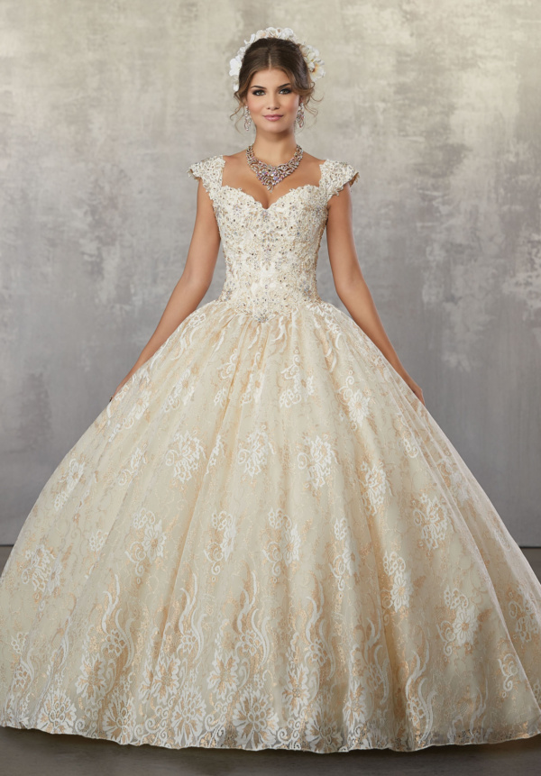 Crystal Beaded, Lace Appliqués on a Metallic Allover Lace Ballgown