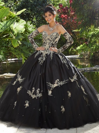 Rhinestone and Crystal Beading on Three-Dimensional, Metallic Embroidery on a Tulle Ballgown