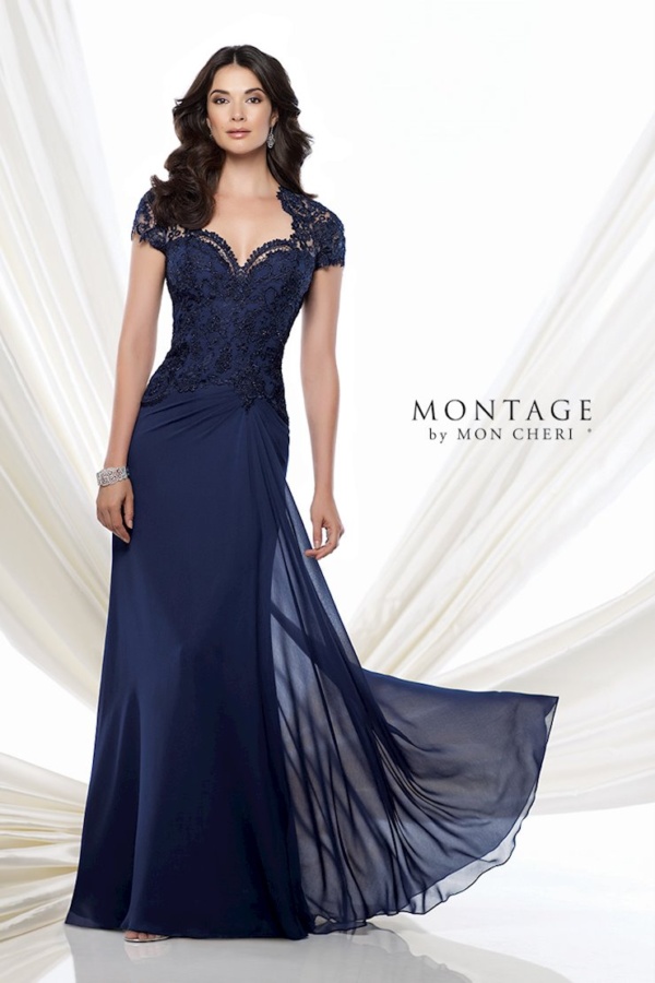 Chiffon A-line gown with lace Queen Anne neckline and short sleeves