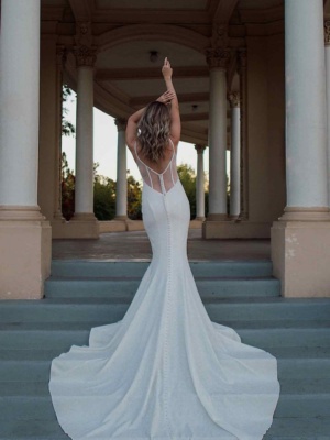 SIMPLE V-NECKLINE FIT-AND-FLARE WEDDING DRESS WITH SHEER BACK