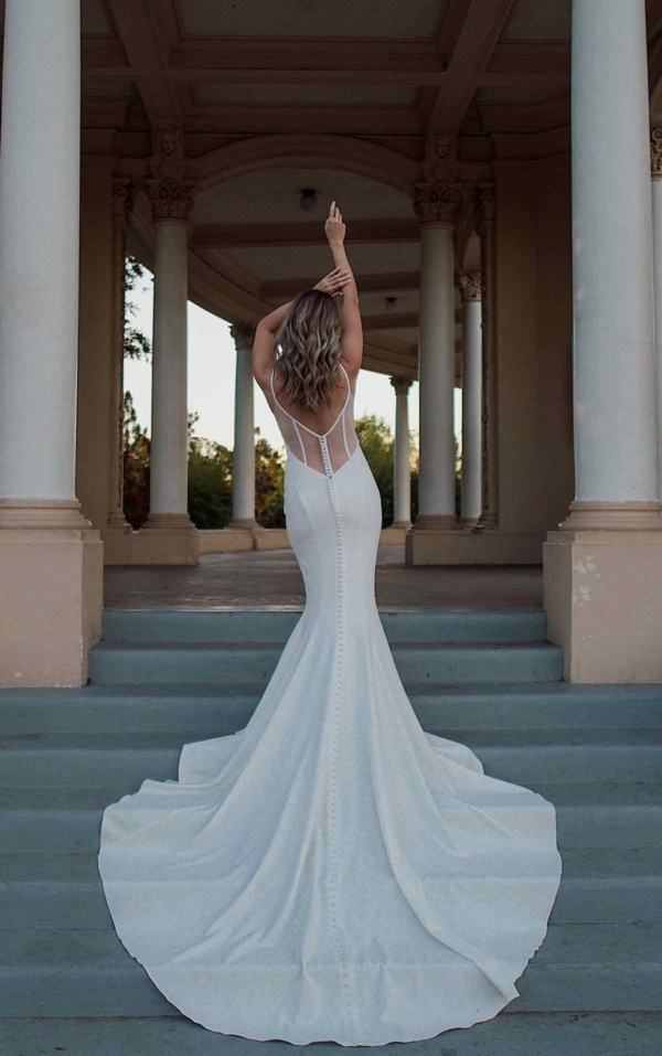 SIMPLE V-NECKLINE FIT-AND-FLARE WEDDING DRESS WITH SHEER BACK