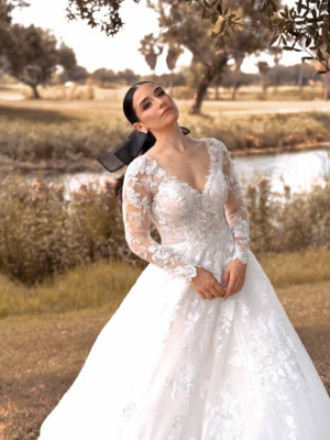 ROMANTIC LACE V-NECKLINE WEDDING DRESS WITH OPTIONAL LONG SLEEVES