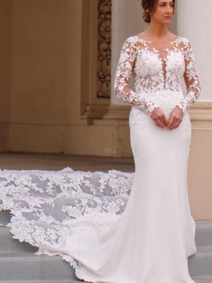 SEXY LACE WEDDING DRESS WITH SHEER BODICE AND LONG SLEEVES