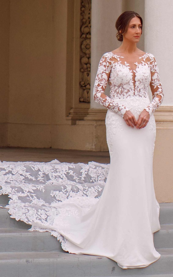SEXY LACE WEDDING DRESS WITH SHEER BODICE AND LONG SLEEVES