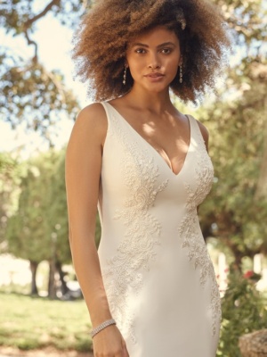Sexy V-neck crepe wedding gown in a flattering silhouette