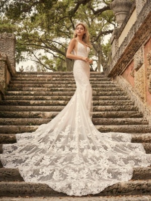 Sparkly lace fit-and-flare bridal gown in graceful lines