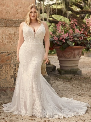 Sequin lace fit-and-flare wedding gown with a sexy V-back